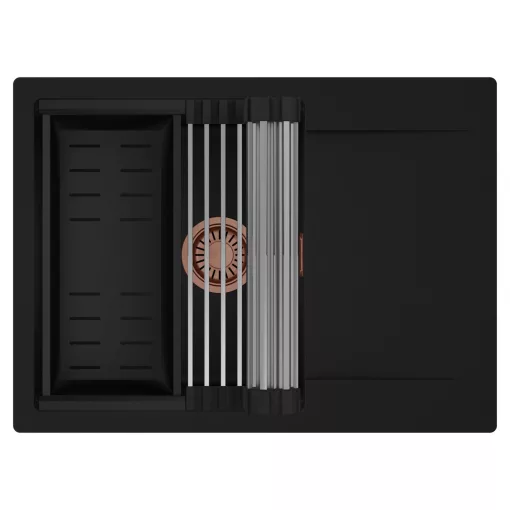 HD Onyx Black 68-XL egymedencés mosogatótálca szett, acél csepegtetőráccsal és matt fekete kosárral, csepegtetőtálcával, matt fekete színben, szálcsiszolt réz leeresztő szifonnal