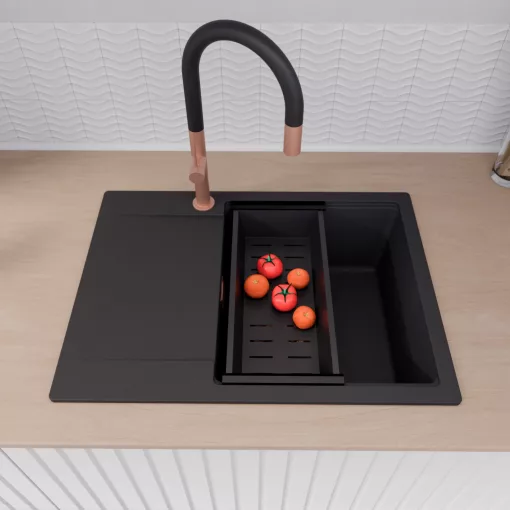 HD Onyx Black 68-XL egymedencés mosogatótálca szett, acél csepegtetőráccsal és matt fekete kosárral, csepegtetőtálcával, matt fekete színben, szálcsiszolt réz leeresztő szifonnal