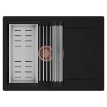 HD Onyx Black 68-XL egymedencés mosogatótálca szett, acél csepegtetőráccsal és kosárral, csepegtetőtálcával, matt fekete színben, szálcsiszolt réz leeresztő szifonnal