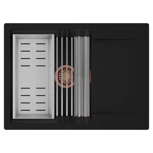 HD Onyx Black 68-XL egymedencés mosogatótálca szett, acél csepegtetőráccsal és kosárral, csepegtetőtálcával, matt fekete színben, szálcsiszolt réz leeresztő szifonnal