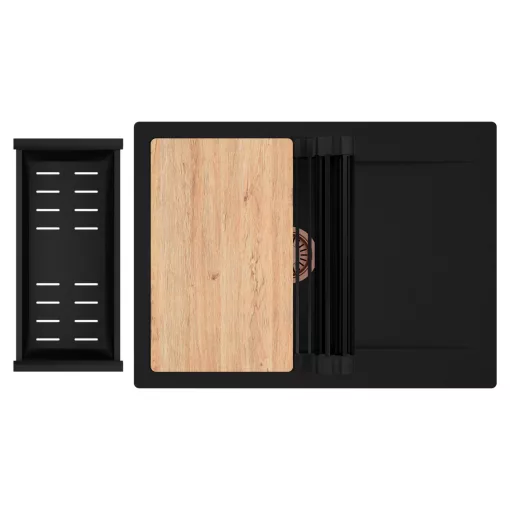 HD Onyx Black 68-XL egymedencés gránit mosogatótálca szett, csepegtetőtálcával, vágódeszkával, matt fekete csepegtetőráccsal és kosárral, matt fekete színben, szálcsiszolt réz leeresztő szifonnal