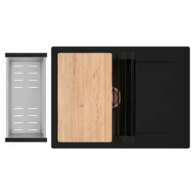 HD Onyx Black 68-XL egymedencés gránit mosogatótálca szett, csepegtetőtálcával, vágódeszkával, matt fekete csepegtetőráccsal és krómozott kosárral, matt fekete színben, szálcsiszolt réz leeresztő szifonnal