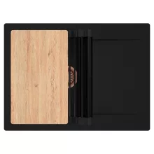 HD Onyx Black 68-XL egymedencés gránit mosogatótálca szett, csepegtetőtálcával, vágódeszkával, matt fekete csepegtetőráccsal, matt fekete színben, szálcsiszolt réz leeresztő szifonnal