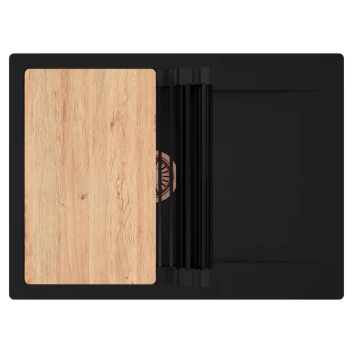 HD Onyx Black 68-XL egymedencés gránit mosogatótálca szett, csepegtetőtálcával, vágódeszkával, matt fekete csepegtetőráccsal, matt fekete színben, szálcsiszolt réz leeresztő szifonnal