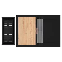 HD Onyx Black 68-XL egymedencés gránit mosogatótálca szett, csepegtetőtálcával, vágódeszkával, acél csepegtetőráccsal és matt fekete kosárral, matt fekete színben, szálcsiszolt réz leeresztő szifonnal