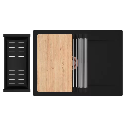 HD Onyx Black 68-XL egymedencés gránit mosogatótálca szett, csepegtetőtálcával, vágódeszkával, acél csepegtetőráccsal és matt fekete kosárral, matt fekete színben, szálcsiszolt réz leeresztő szifonnal