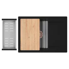 HD Onyx Black 68-XL egymedencés gránit mosogatótálca szett, csepegtetőtálcával, vágódeszkával, acél csepegtetőráccsal és kosárral, matt fekete színben, szálcsiszolt réz leeresztő szifonnal