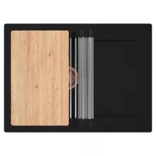 HD Onyx Black 68-XL egymedencés gránit mosogatótálca szett, csepegtetőtálcával, vágódeszkával, acél csepegtetőráccsal, matt fekete színben, szálcsiszolt réz leeresztő szifonnal