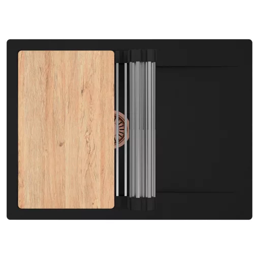 HD Onyx Black 68-XL egymedencés gránit mosogatótálca szett, csepegtetőtálcával, vágódeszkával, acél csepegtetőráccsal, matt fekete színben, szálcsiszolt réz leeresztő szifonnal