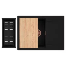 HD Onyx Black 68-XL egymedencés gránit mosogatótálca szett, csepegtetőtálcával, vágódeszkával, matt fekete csepegtetőkosárral, matt fekete színben, szálcsiszolt réz leeresztő szifonnal