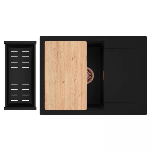 HD Onyx Black 68-XL egymedencés gránit mosogatótálca szett, csepegtetőtálcával, vágódeszkával, matt fekete csepegtetőkosárral, matt fekete színben, szálcsiszolt réz leeresztő szifonnal