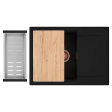 HD Onyx Black 68-XL egymedencés gránit mosogatótálca szett, csepegtetőtálcával, vágódeszkával, acél csepegtetőkosárral, matt fekete színben, szálcsiszolt réz leeresztő szifonnal