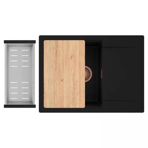 HD Onyx Black 68-XL egymedencés gránit mosogatótálca szett, csepegtetőtálcával, vágódeszkával, acél csepegtetőkosárral, matt fekete színben, szálcsiszolt réz leeresztő szifonnal