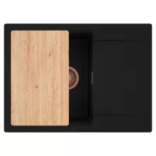 HD Onyx Black 68-XL egymedencés gránit mosogatótálca, vágódeszkával, matt fekete színben, szálcsiszolt réz leeresztő szifonnal