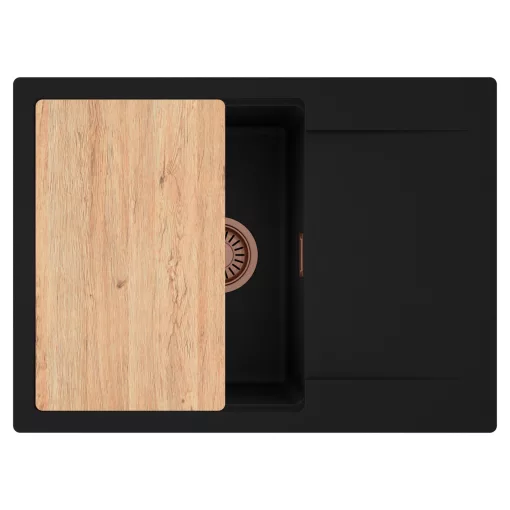 HD Onyx Black 68-XL egymedencés gránit mosogatótálca, vágódeszkával, matt fekete színben, szálcsiszolt réz leeresztő szifonnal