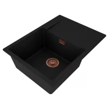 HD Onyx Black 68-XL egymedencés gránit mosogatótálca, vágódeszkával, matt fekete színben, szálcsiszolt réz leeresztő szifonnal