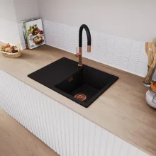 HD Onyx Black 68-XL egymedencés gránit mosogatótálca, vágódeszkával, matt fekete színben, szálcsiszolt réz leeresztő szifonnal