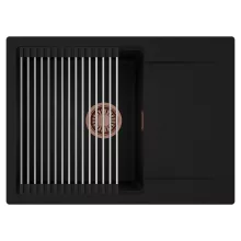 HD Onyx Black 68-XL egymedencés mosogatótálca szett, acél csepegtetőráccsal, csepegtetőtálcával, matt fekete színben, szálcsiszolt réz leeresztő szifonnal