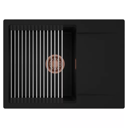 HD Onyx Black 68-XL egymedencés mosogatótálca szett, acél csepegtetőráccsal, csepegtetőtálcával, matt fekete színben, szálcsiszolt réz leeresztő szifonnal