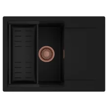 HD Onyx Black 68-XL egymedencés mosogatótálca szett, matt fekete csepegtetőkosárral, csepegtetőtálcával, matt fekete színben, szálcsiszolt réz leeresztő szifonnal