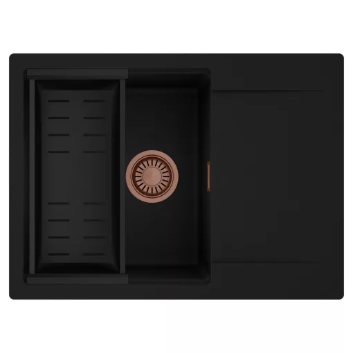 HD Onyx Black 68-XL egymedencés mosogatótálca szett, matt fekete csepegtetőkosárral, csepegtetőtálcával, matt fekete színben, szálcsiszolt réz leeresztő szifonnal