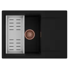 HD Onyx Black 68-XL egymedencés mosogatótálca szett, acél csepegtetőkosárral, csepegtetőtálcával, matt fekete színben, szálcsiszolt réz leeresztő szifonnal