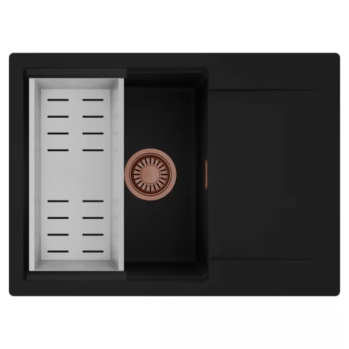 HD Onyx Black 68-XL egymedencés mosogatótálca szett, acél csepegtetőkosárral, csepegtetőtálcával, matt fekete színben, szálcsiszolt réz leeresztő szifonnal