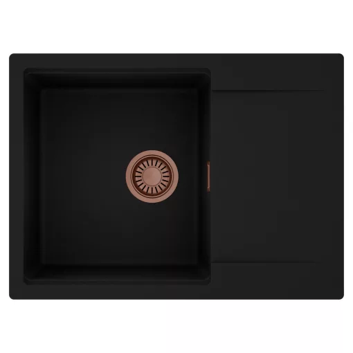 HD Onyx Black 68-XL egymedencés mosogatótálca, csepegtetőtálcával, matt fekete színben, szálcsiszolt réz leeresztő szifonnal