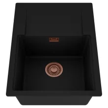 HD Onyx Black 68-XL egymedencés mosogatótálca, csepegtetőtálcával, matt fekete színben, szálcsiszolt réz leeresztő szifonnal