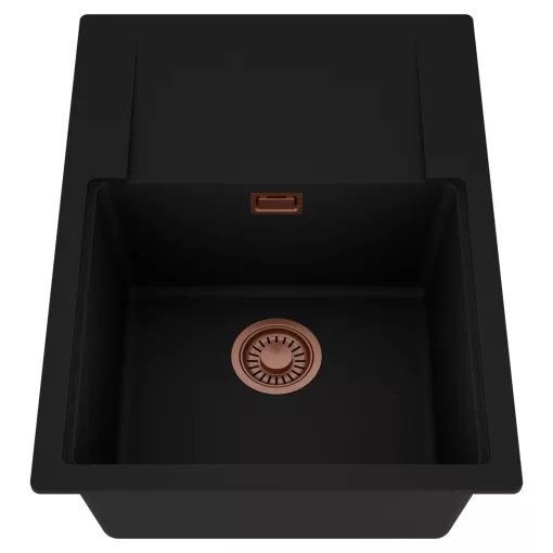 HD Onyx Black 68-XL egymedencés mosogatótálca, csepegtetőtálcával, matt fekete színben, szálcsiszolt réz leeresztő szifonnal