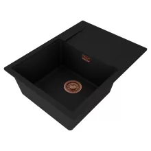 HD Onyx Black 68-XL egymedencés mosogatótálca, csepegtetőtálcával, matt fekete színben, szálcsiszolt réz leeresztő szifonnal