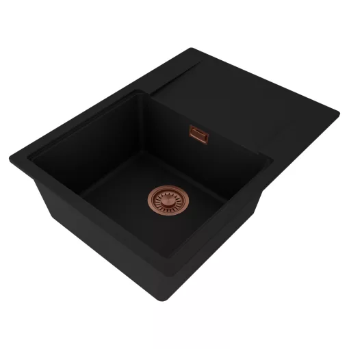 HD Onyx Black 68-XL egymedencés mosogatótálca, csepegtetőtálcával, matt fekete színben, szálcsiszolt réz leeresztő szifonnal