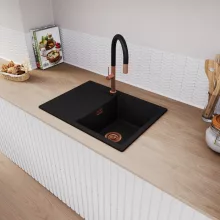 HD Onyx Black 68-XL egymedencés mosogatótálca, csepegtetőtálcával, matt fekete színben, szálcsiszolt réz leeresztő szifonnal