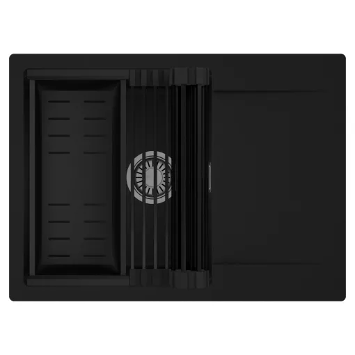 HD Onyx Black 68-XL egymedencés mosogatótálca szett, matt fekete csepegtetőráccsal és kosárral, csepegtetőtálcával, matt fekete színben