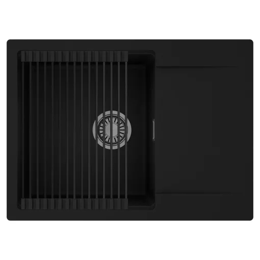 HD Onyx Black 68-XL egymedencés mosogatótálca szett, matt fekete csepegtetőráccsal, csepegtetőtálcával, matt fekete színben