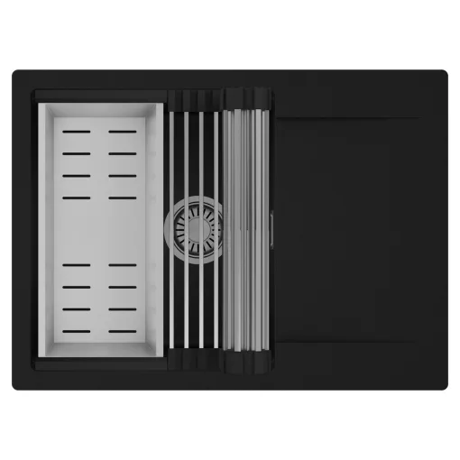 HD Onyx Black 68-XL egymedencés mosogatótálca szett, acél csepegtetőráccsal és kosárral, csepegtetőtálcával, matt fekete színben