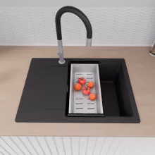 HD Onyx Black 68-XL egymedencés mosogatótálca szett, acél csepegtetőráccsal és kosárral, csepegtetőtálcával, matt fekete színben