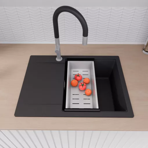 HD Onyx Black 68-XL egymedencés mosogatótálca szett, acél csepegtetőráccsal és kosárral, csepegtetőtálcával, matt fekete színben