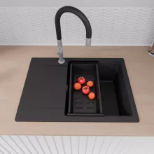 HD Onyx Black 68-XL egymedencés gránit mosogatótálca szett, csepegtetőtálcával, vágódeszkával, matt fekete csepegtetőráccsal és kosárral, matt fekete színben