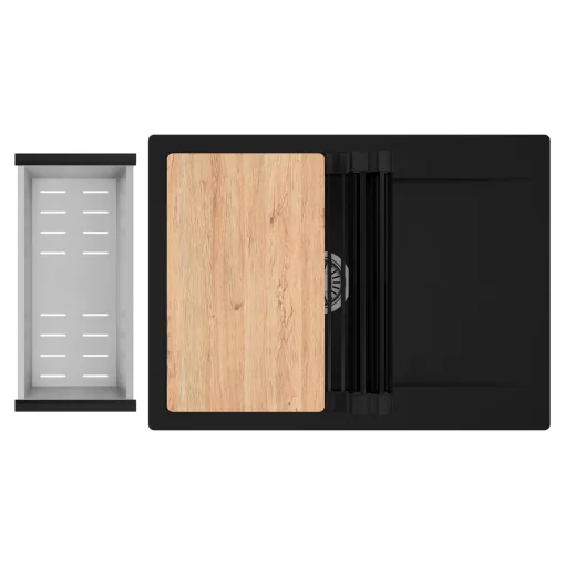 HD Onyx Black 68-XL egymedencés gránit mosogatótálca szett, csepegtetőtálcával, vágódeszkával, matt fekete csepegtetőráccsal és krómozott kosárral, matt fekete színben