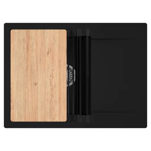 HD Onyx Black 68-XL egymedencés gránit mosogatótálca szett, csepegtetőtálcával, vágódeszkával, matt fekete csepegtetőráccsal, matt fekete színben