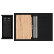 HD Onyx Black 68-XL egymedencés gránit mosogatótálca szett, csepegtetőtálcával, vágódeszkával, acél csepegtetőráccsal és matt fekete kosárral, matt fekete színben