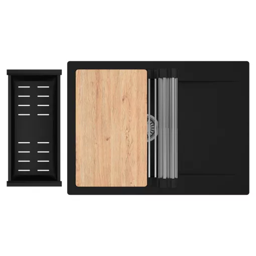 HD Onyx Black 68-XL egymedencés gránit mosogatótálca szett, csepegtetőtálcával, vágódeszkával, acél csepegtetőráccsal és matt fekete kosárral, matt fekete színben