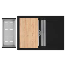 HD Onyx Black 68-XL egymedencés gránit mosogatótálca szett, csepegtetőtálcával, vágódeszkával, acél csepegtetőráccsal és kosárral, matt fekete színben