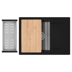   HD Onyx Black 68-XL egymedencés gránit mosogatótálca szett, csepegtetőtálcával, vágódeszkával, acél csepegtetőráccsal és kosárral, matt fekete színben