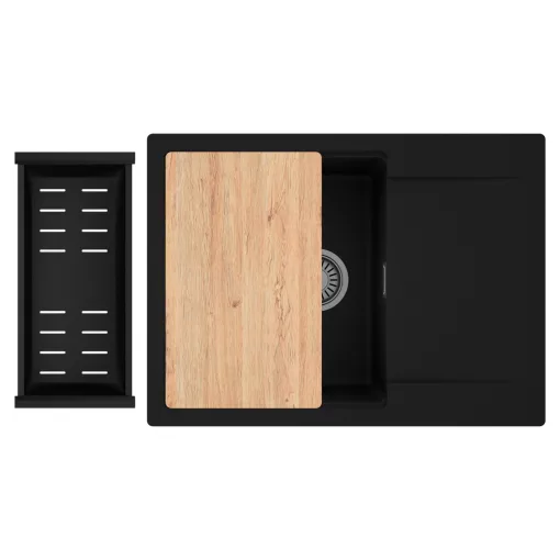HD Onyx Black 68-XL egymedencés gránit mosogatótálca szett, csepegtetőtálcával, vágódeszkával, matt fekete csepegtetőkosárral, matt fekete színben