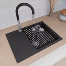 HD Onyx Black 68-XL egymedencés mosogatótálca szett, acél csepegtetőráccsal, csepegtetőtálcával, matt fekete színben