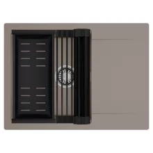 HD Onyx Tortora 68-XL egymedencés mosogatótálca szett, matt fekete csepegtetőráccsal és kosárral, csepegtetőtálcával, tortora színben, szálcsiszolt króm leeresztő szifonnal