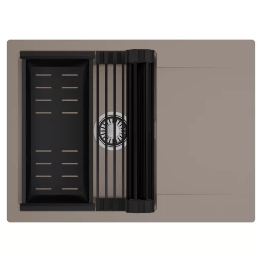 HD Onyx Tortora 68-XL egymedencés mosogatótálca szett, matt fekete csepegtetőráccsal és kosárral, csepegtetőtálcával, tortora színben, szálcsiszolt króm leeresztő szifonnal