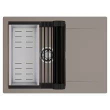 HD Onyx Tortora 68-XL egymedencés mosogatótálca szett, matt fekete csepegtetőráccsal és krómozott kosárral, csepegtetőtálcával, tortora színben, szálcsiszolt króm leeresztő szifonnal